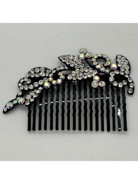 Rhinestone Crystal Floral Hair Comb Bride Wedding Formal Party Prom Black Metal
